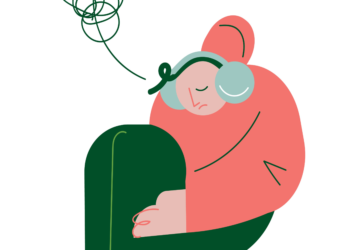 inner-voice is not always helpful to us Cartoon of a Young Person Listening to headphones, frowning with a black squiggly line coming out of their head