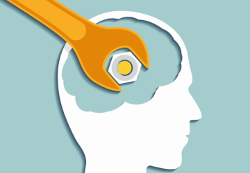 Giant wrench tightening a nut inside an illustration of a human head