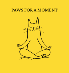 cartoon style drawing of a cat meditating on a yellow background underneath text reading, Paws for a moment. How to Manage Stress Using NLP