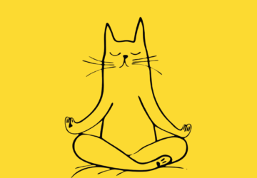 cartoon style drawing of a cat meditating on a yellow background underneath text reading, Paws for a moment. How to Manage Stress Using NLP